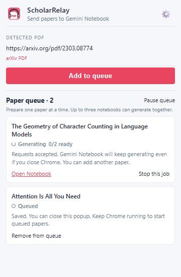 Scholar Relay paper queue with one active and one queued paper