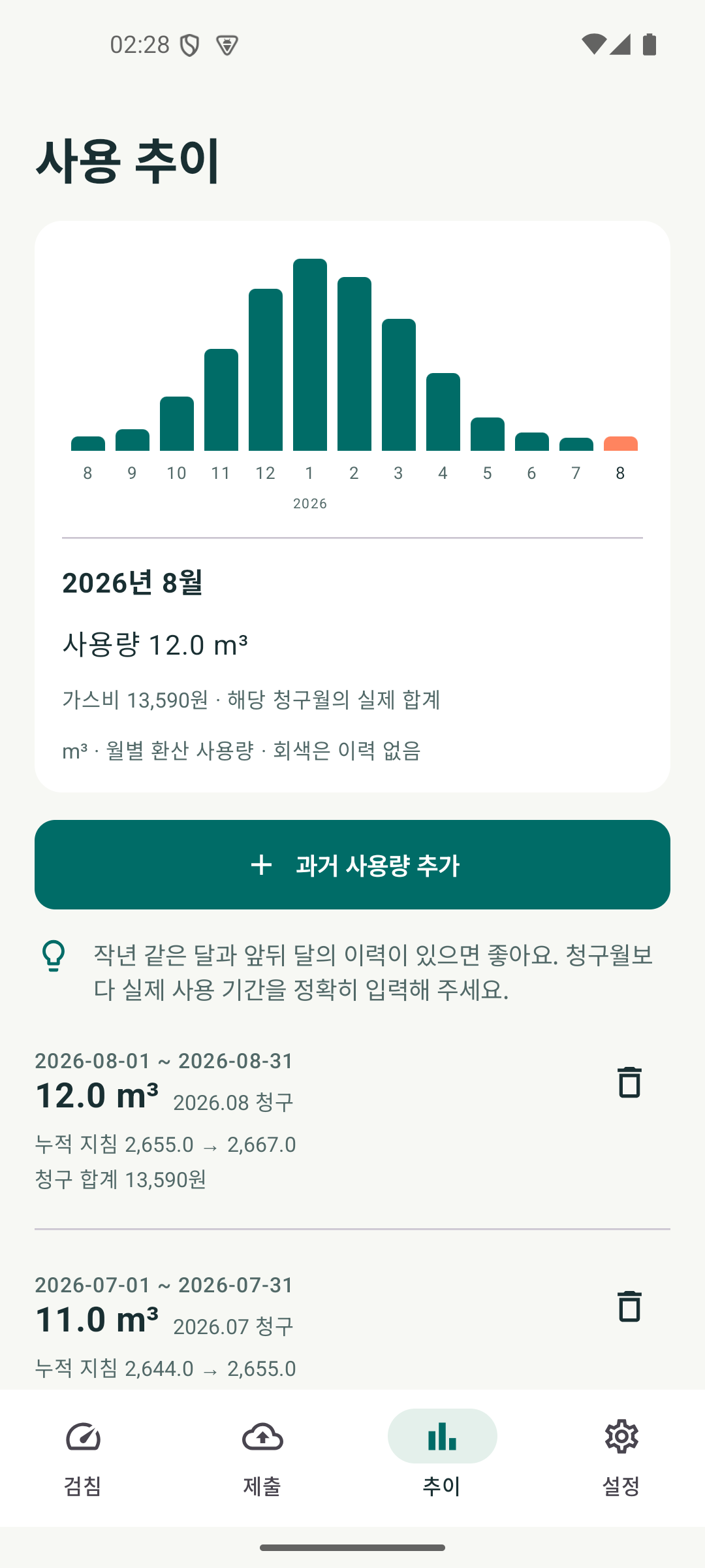 앱의 사용 추이 화면. 월별 사용량과 실측 기록